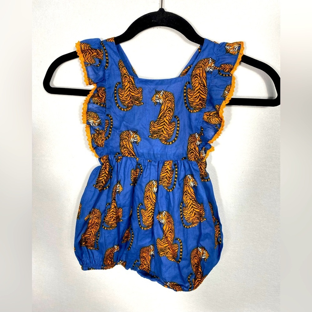 Mary Marshmallow Baby Ruffle Bubble Romper blue w/Tibetan Tiger Print size 3 mo